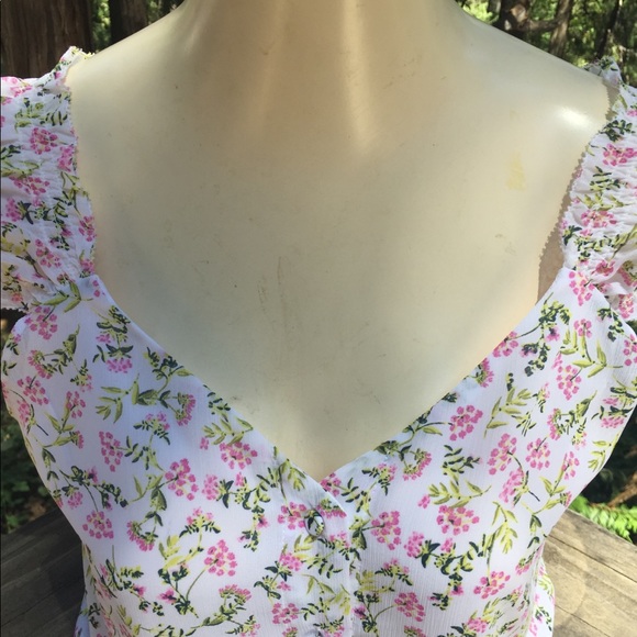 J. Crew pink floral on white chiffon  corset peasant top rose  puff sleeve - Picture 2 of 9